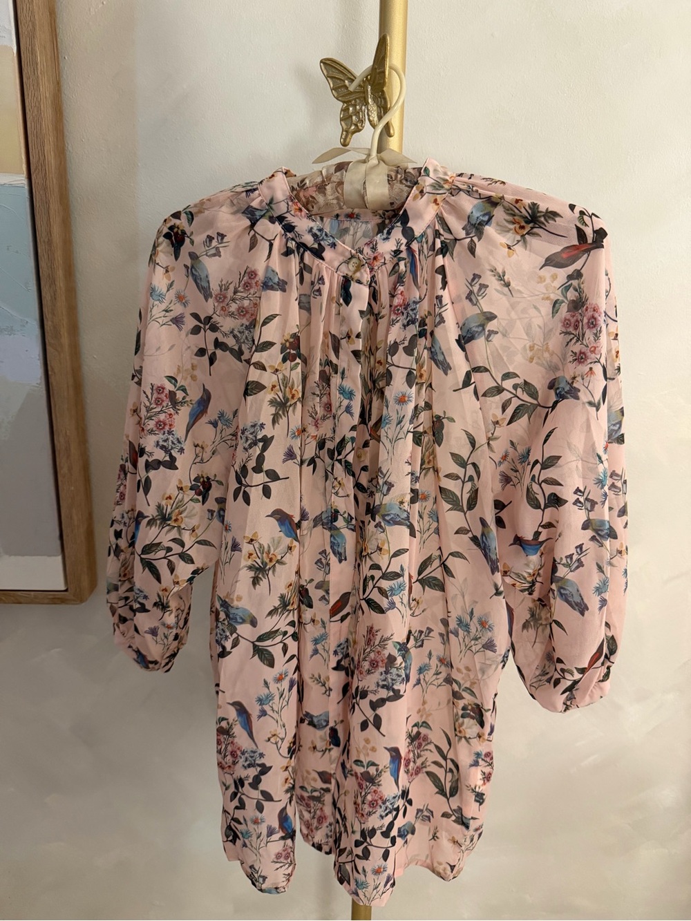 Women’s Pink Floral & Bird Print Tie-Neck Blouse